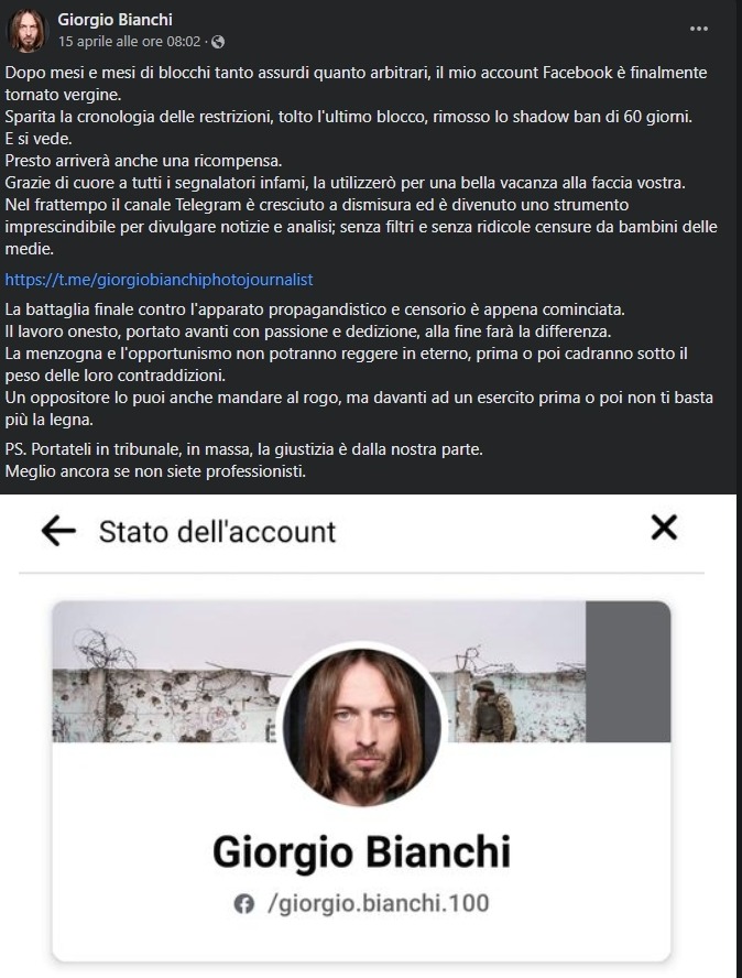 Giorgio Bianchi ha vinto in tribunale, contro la #censura di Facebook che l'ha perseguitato per oltre un anno, con continui blocchi, sospensioni, shadowban.
Si è preso una grande soddisfazione.
