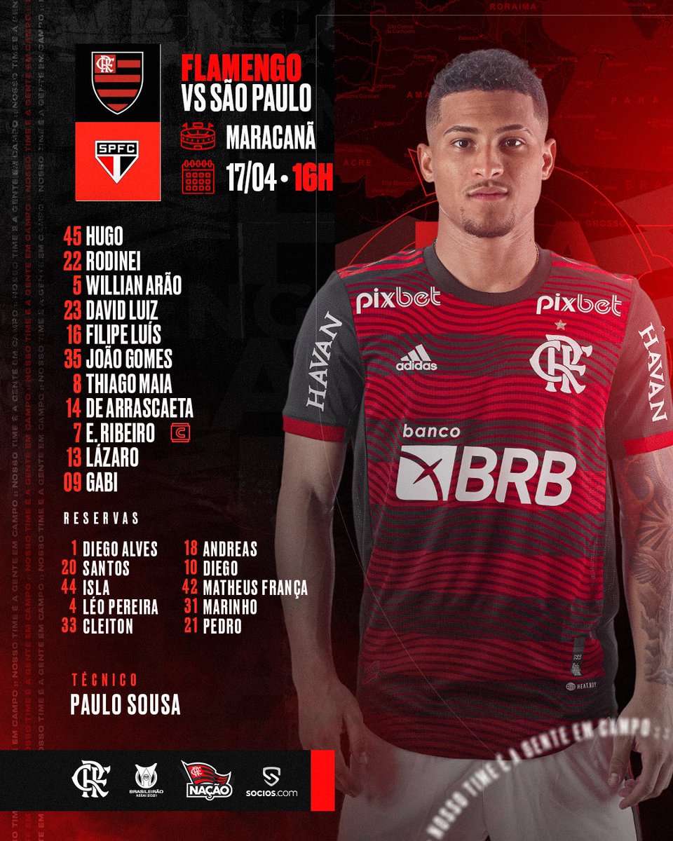 Flamengo's tweet photo. Nosso Time é a Gente em Campo! O Mengão está escalado para enfrentar o São Paulo, no Maraca, pelo @Brasileirao! Pra cima #FLAxSAO  #VamosFlamengo https://t.co/t18ZawkN29