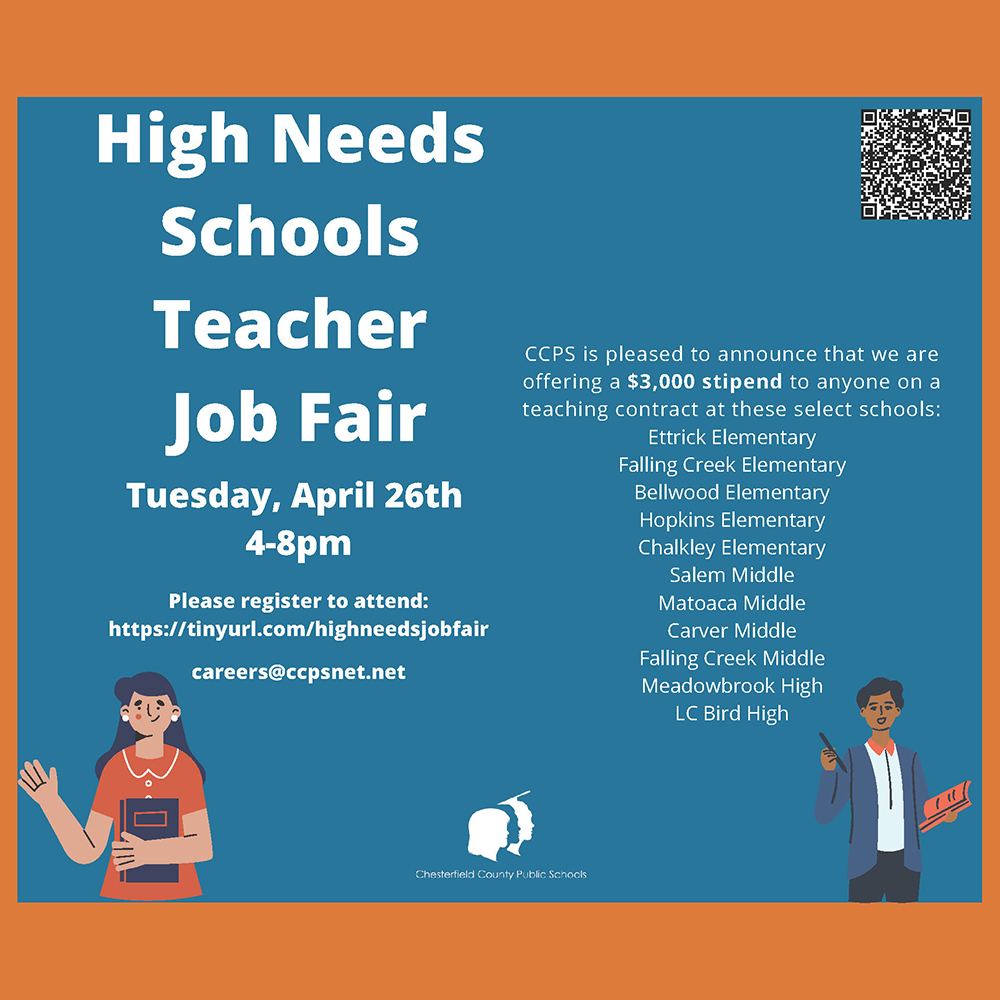 #oneCCPS will provide a $3,000 stipend for the 2022-23 school year for certain positions at selected high-need schools. An April 26 job fair will focus on filling these positions: tinyurl.com/highneedsjobfa…. More information available here: bit.ly/3uTIhig.