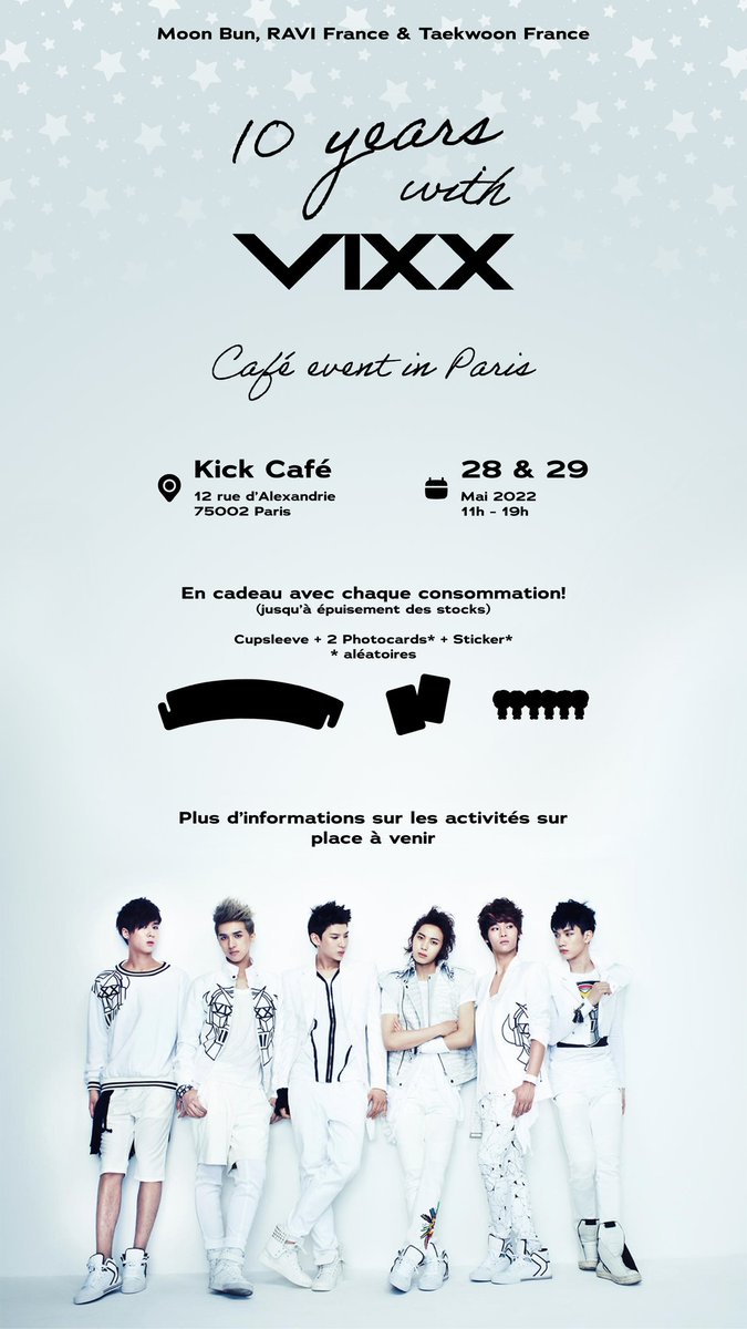 MoonBunShop's tweet photo. ---🌟 10 years with VIXX 🌟---
-----✩ Café event in Paris ✩-----

📌 Lieu: Kick Café
📅 28 et 29 Mai 2022

Merci à @TaekwoonFrance et @FRANCE_RAVI de m'accompagner dans ce super projet, et à @kpopisfcoolkids d'accueillir l'événement! https://t.co/6iJoreNsJq