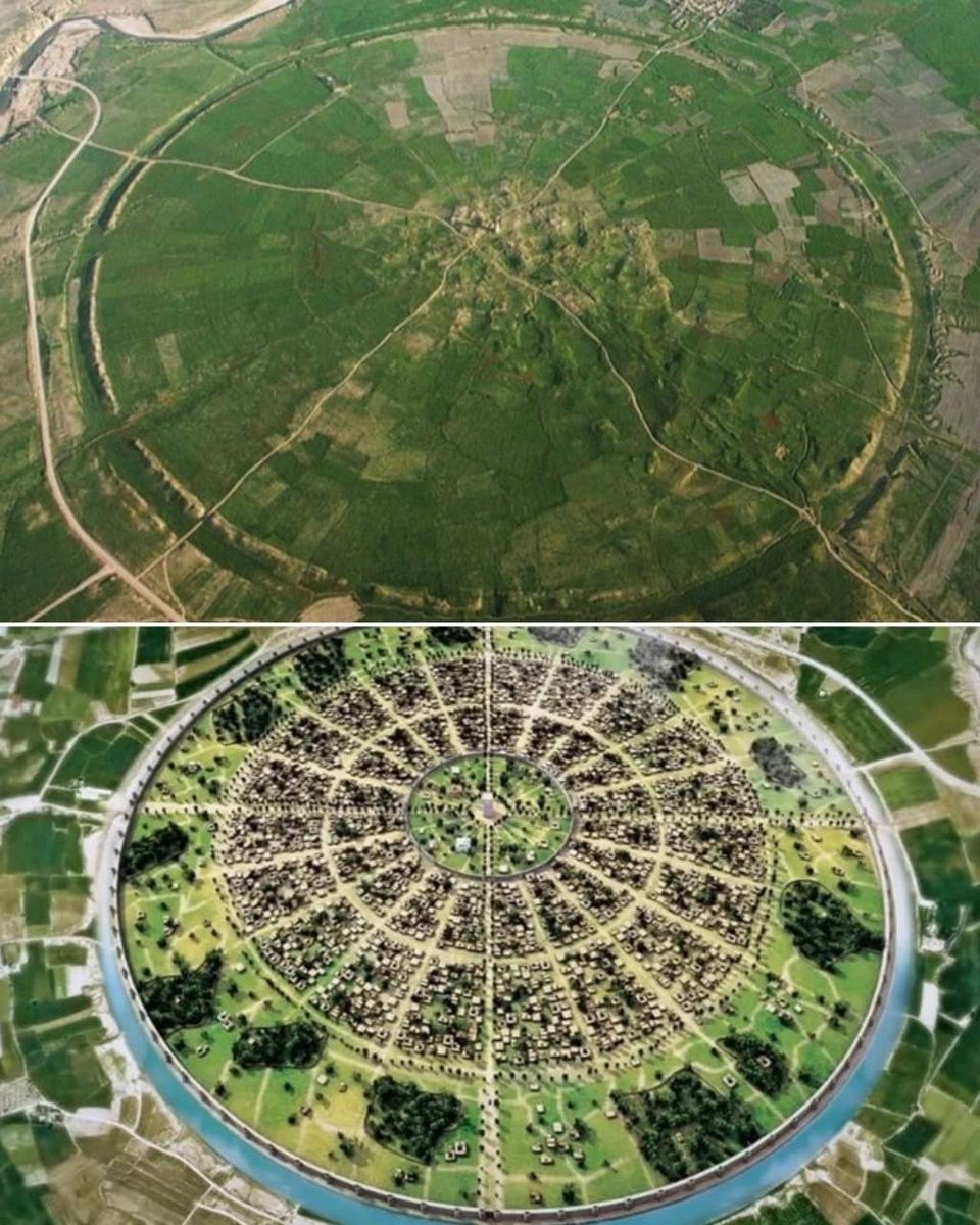 An aerial photo of Sasanian circular city of Gōr, in Iran, and a reconstruction of city as it may have appeared in its heyday. Gōr was new capital city of Ardashir I (180-242 AD), founder of Sasanian Empire, and had a perfect circular plan of 1,950m diameter.

#archaeohistories