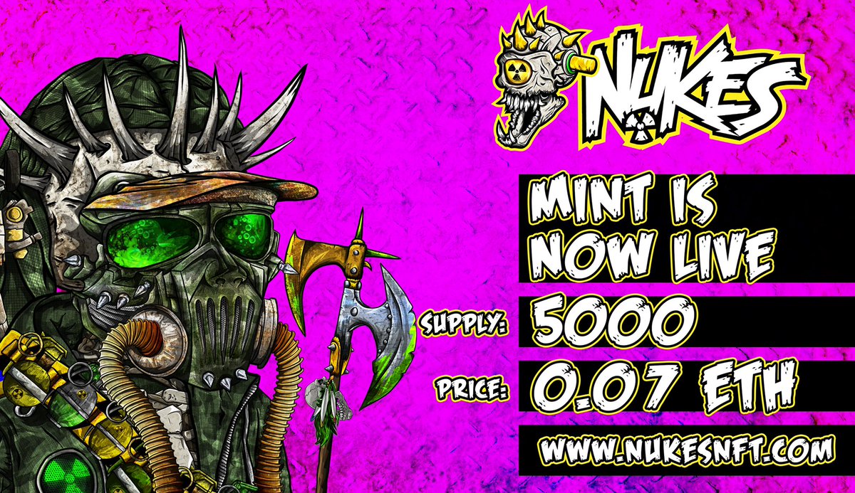 ☢️NUKES PUBLIC SALE STARTS NOW!

This is your last chance to put your hands on the amazing NUKES creatures drawn by our Artist <a href="/PrimaryNature/">PrimaryNature</a>.

👉YOU CAN MINT HERE: nukesnft.com/mint

🧪MAXIMUM for The Public Minting is 8 NUKES per wallet!