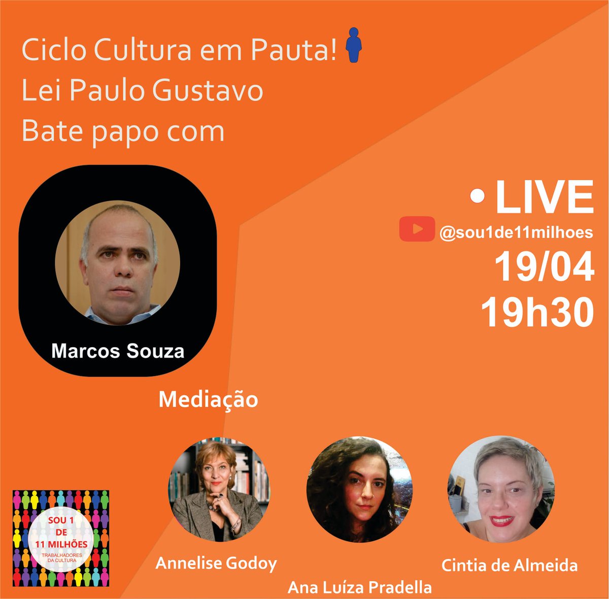 Dia 19/4 tem Live nosso canal do YouTube.
ʟɪᴠᴇ ᴄɪᴄʟᴏ ᴄᴜʟᴛᴜʀᴀ ᴇᴍ ᴘᴀᴜᴛᴀ sobre a aprovação  do PLC 73 Lei Paulo Gustavo.  Presença confirmada do antropólogo 𝐌𝐚𝐫𝐜𝐨𝐬 𝐒𝐨𝐮𝐳𝐚  assessor parlamentar que é um dos redatores do texto da lei . #leipaulogustavo