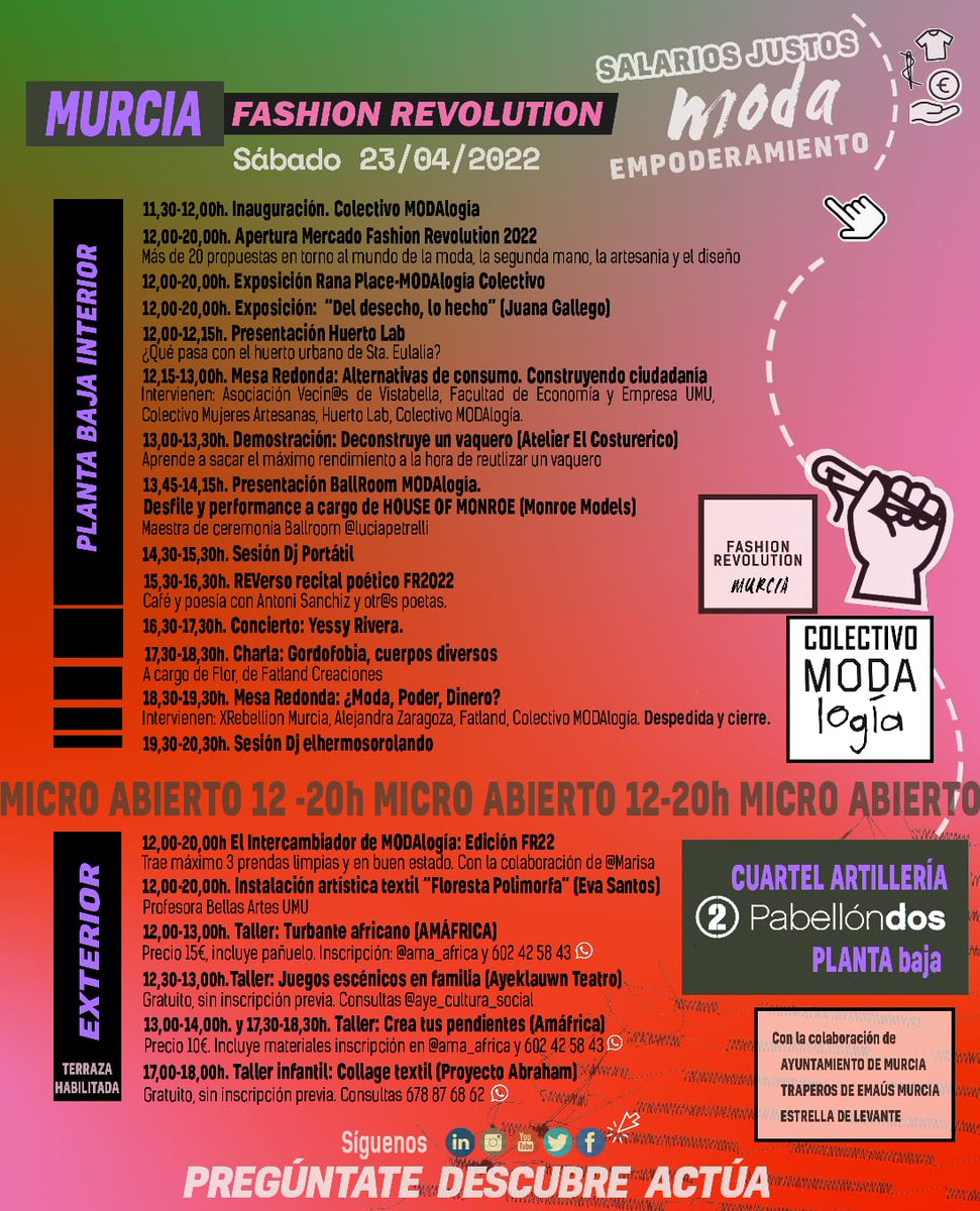 C_MODAlogia's tweet photo. 📢¡Atención! PROGRAMA nuevo DEFINITIVO #FashionRevolutionMurcia 2022🚀con cambios en el horario y las zonas donde se llevarán acabo las actividades (puntuales, simultáneas y permanentes). ¡Difunde, difunde, este es el bueno!👀. Más info aquí➡️ https://t.co/7bKcFThgrc https://t.co/VgitnvNflI