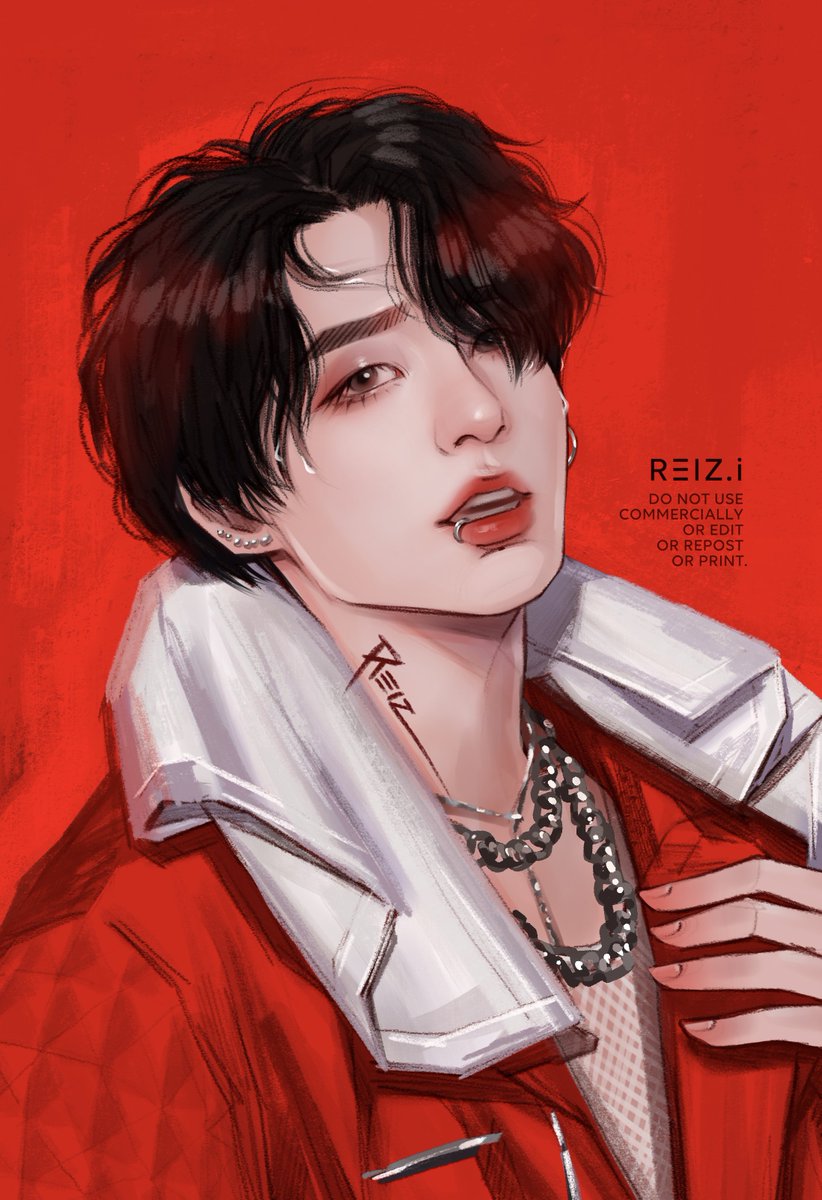 solo jewelry 1boy male focus red background necklace jacket  illustration images