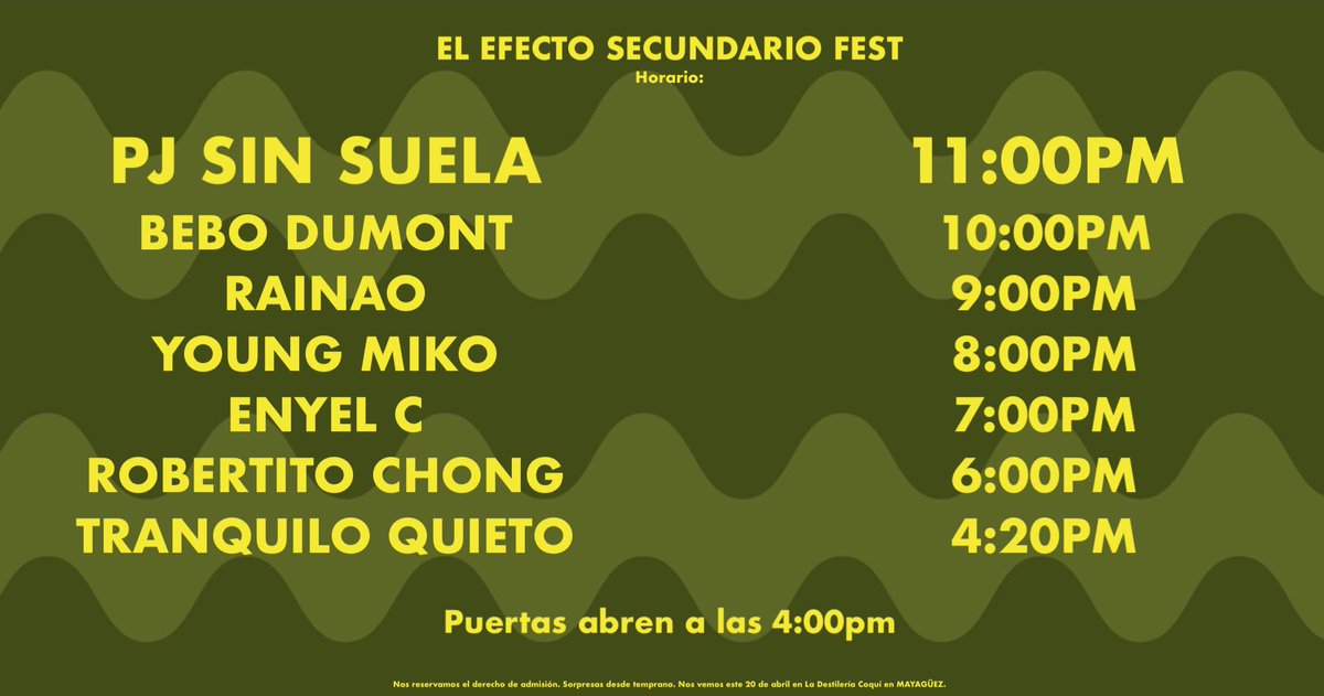 #Mayagüez las puertan abren a las 4:00pm. Llega TEMPRANO que hay sorpresas. Nos vemos este miércoles, 20 de abril, en La Destilería Coquí.🇵🇷 #ApoyaLoLocal #420 #ElEfectoSecundarioFEST