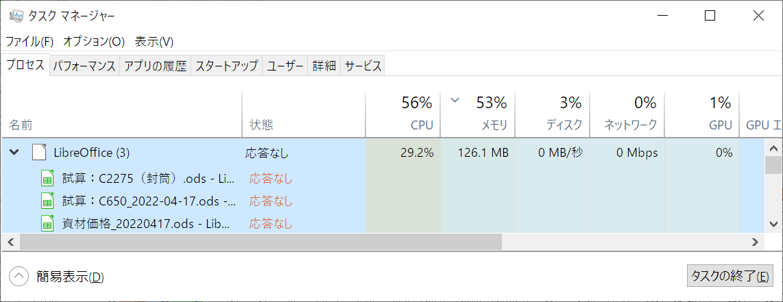penlabo's tweet image. 何がきっかけなのか、謎の暴走を始めて応答なしで操作できない
#LibreOfficeCalc