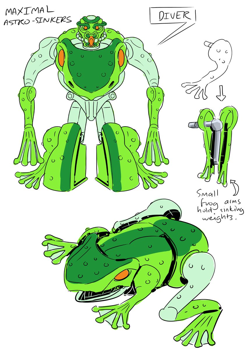 asorohanart's tweet image. Okay... a second set of water toy Transformers. This time they&apos;re also sinkies, toys you dive for, but this time they&apos;re froggies! All the designs will end up on #watertransformers if you wanna find them easy. #spittor #diver #swimming #transformers #watertoys