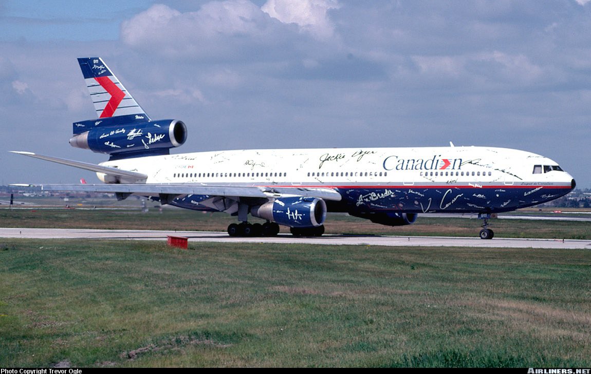 ClassicsPlanes's tweet photo. A Canadian Airlines DC-10 wearing the “signatures” livery seen here in this photo at Toronto Pearson Airport in July 1997 #avgeeks ©- See photo https://t.co/WO93Lunkj4