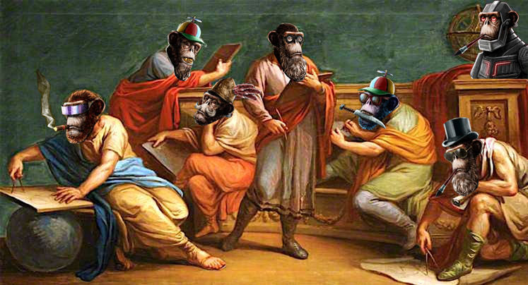 sfumato44's tweet photo. The @the_ape_society philosophy / reality question club 😵‍💫

With bothers @JimenezPetroche, @cryptoedz, @AdaLegend626, @toggen10, @jochen4938, &amp; @CardanoTrain (who also paints the club) ✨  

Who else is questioning reality? 😵‍💫

#TheApeSociety #CNFT #Cardano #NFT #CardanoCommunity https://t.co/Ddcj78s5mD