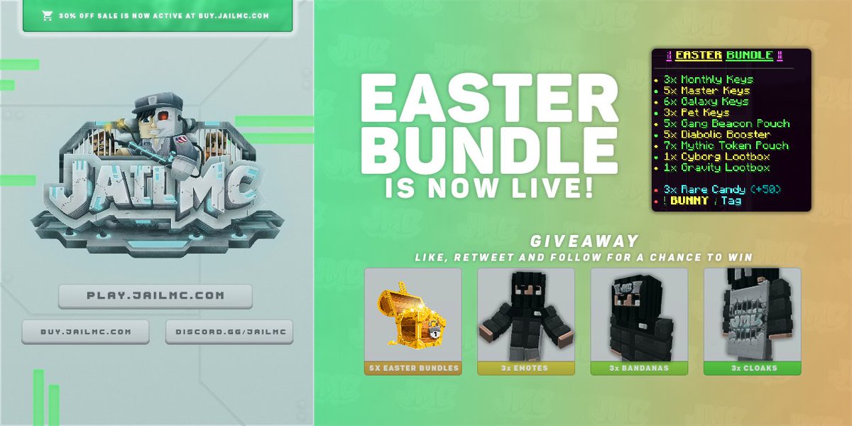 JailMC - Happy Easter!

In celebration we'll be giving away the following: 
🔹 5x Easter Bundles
🔹 3x Lunar Cloaks
🔹 3x Lunar Bandanas
🔹 3x Emotes

Retweet, Like, &amp; Follow <a href="/JailMCPrison/">JailMC</a>! 

Store: buy.jailmc.com (30% OFF)
Discord: discord.gg/jailmc