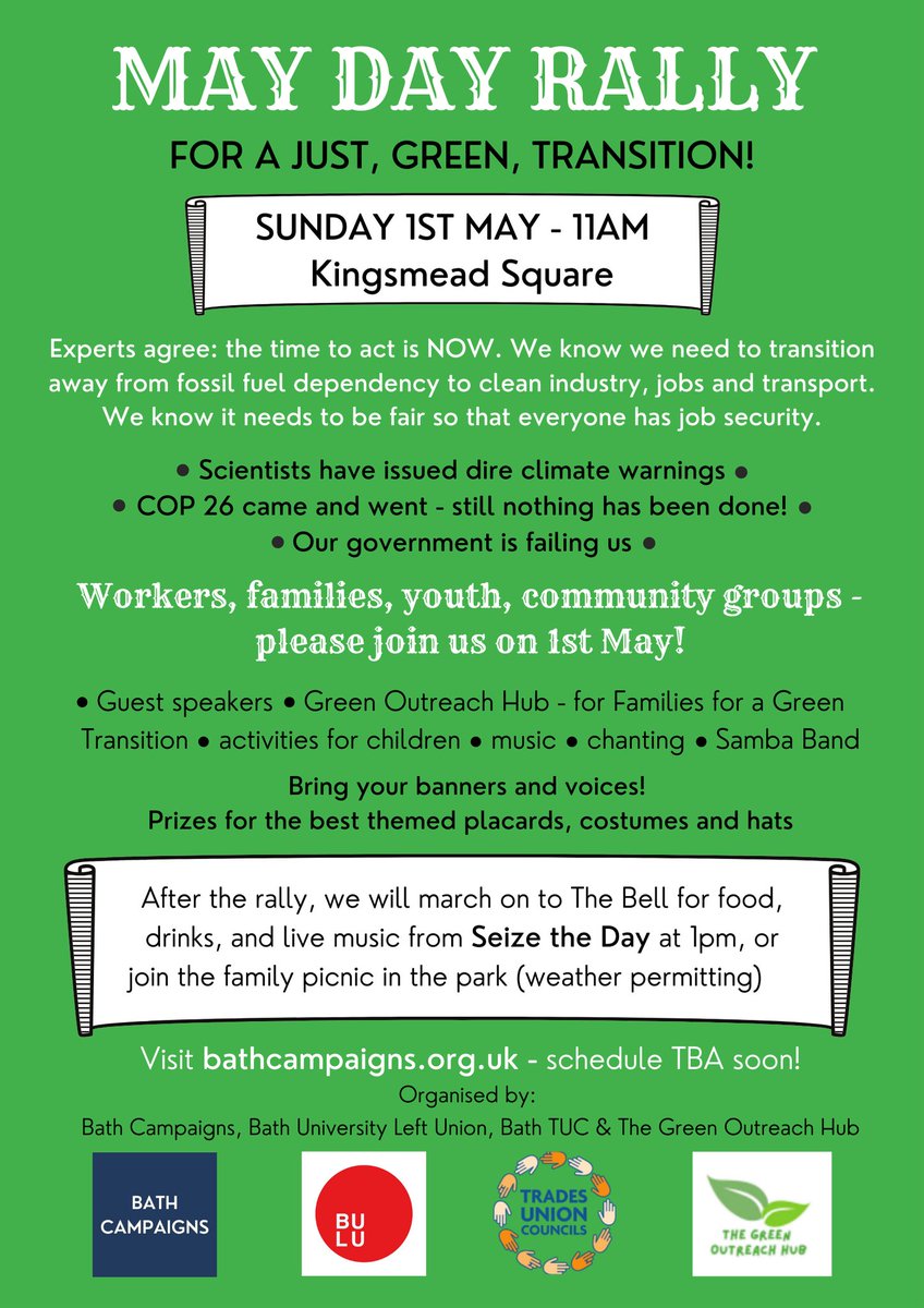 Our friends at The Green Outreach Hub are co-hosting a May Day Rally - 11am Kingsmead Sq

💚 A family-friendly event to demand a JUST, GREEN transition for everyone!
💚 ALL WELCOME
💚 If you're disappointed with the lack of action following COP26, come and make your voice heard.