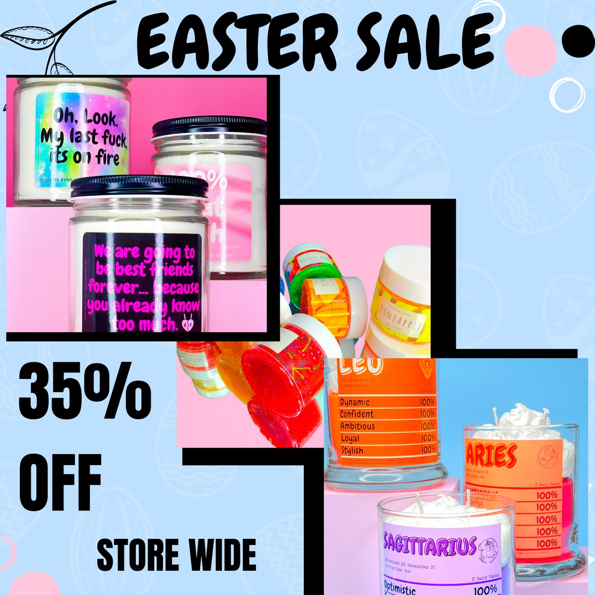 HAPPY EASTER 🐰🐣 
35% OFF ALL ITEMS STORE WIDE. blizzamour.com

#smallbusiness #easter #eastersale #springcandles #blackowned #eastercandles #zodiaccandles #candles  #weddingcandles #starsign #starsigncandles #candlesale #astrology #blackownedbusiness #subscriptionboxes
