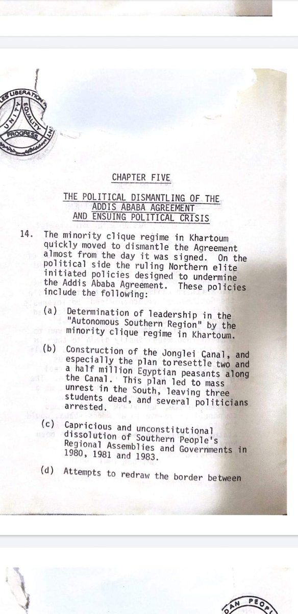 kalamashaka's tweet photo. The July 1983 manifesto of the SPLA clearly cites the Jonglei canal as a grievance. Jan 1984, one of the SPLA's first military acts was to put a stop to the digging of the canal to date. Let those calling for its digging beware #SouthSudan https://t.co/vG6aonVRrY