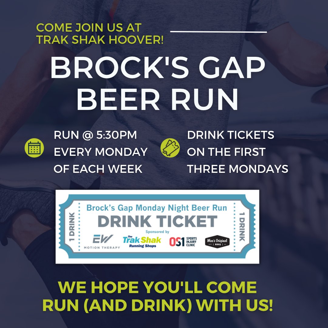 eskridgewhite's tweet photo. Come on out at 5:30pm tomorrow for our weekly Brock's Gap run! There will be drink tickets available, and we and our community partners @THETRAKSHAK and @os1sportsinjuryclinic are so excited to run with you! ππ» #ew #motiontherapy #ewmotiontherapy https://t.co/od2D4vz6Oo