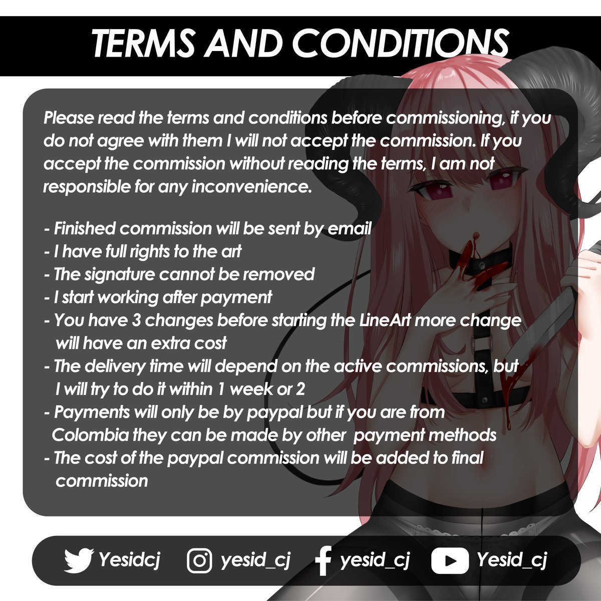 Yesidcj's tweet image. OPEN COMMISSIONS!
Only 5 Slots avaible
In the images you will find information, if you need more DM!
#commissionsopen #commisions #comisiones #drawing