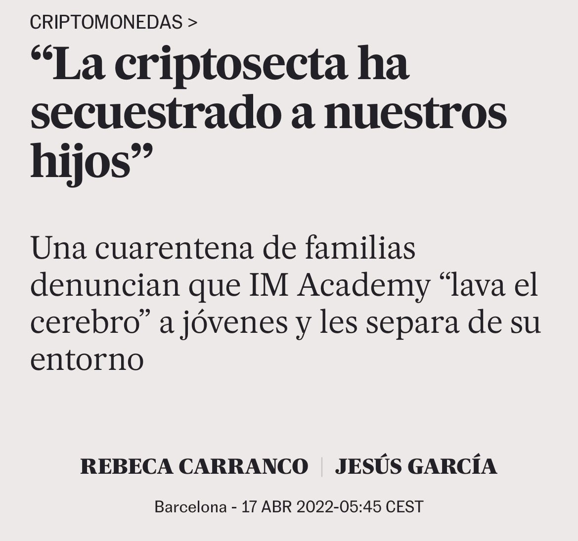 elocadenas's tweet photo. “#Criptosecta lava el cerebro” 🤣 la nota de @elpais_espana. https://t.co/FqTAtdmHFM