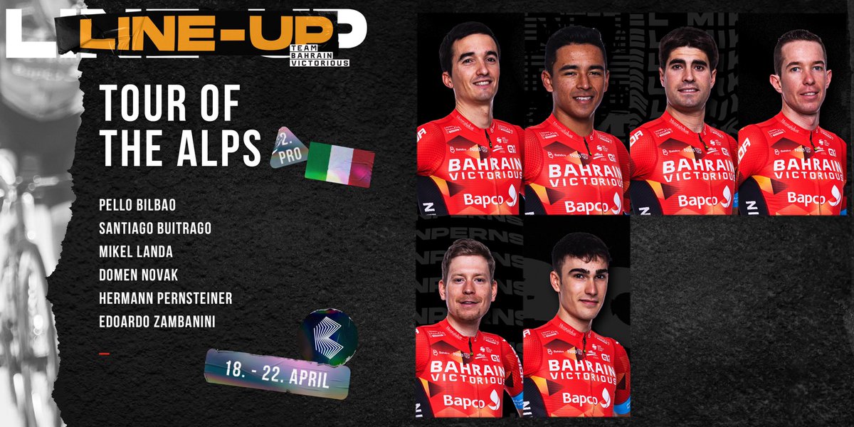 Meet our team for the <a href="/Tourof_TheAlps/">Tour of The Alps</a> 

🇪🇸 <a href="/PelloBilbao1990/">Pello Bilbao</a> 
🇨🇴 <a href="/SantiagoBS26/">Santiago Buitrago Sanchez</a> 
🇪🇸 <a href="/MikelLandaMeana/">Landa Meana</a> 
🇸🇮 <a href="/DomenNovak/">domen lojz novak</a> 
🇦🇹 Hermann #Pernsteiner 
🇮🇹 Edoardo #Zambanini 

#RideAsOne #Tota #TouroftheAlps

🔗 bit.ly/3KTvhzQ