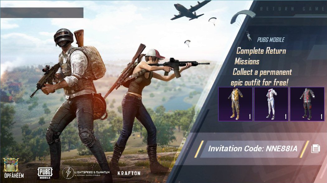 SARDAR420Add's tweet photo. Complete PUBG MOBILE Return Missions! Collect a permanent epic outfit for free! My invitation code: NNE88IA https://t.co/kdceNas87U https://t.co/3AQWWQokLr