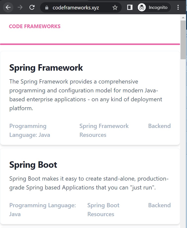 chatila_amelye's tweet image. The site is now updated ... 
Added the links below the framework description.  
Visit the site here codeframeworks.xyz 
#codeframeworks #springframework #springboot