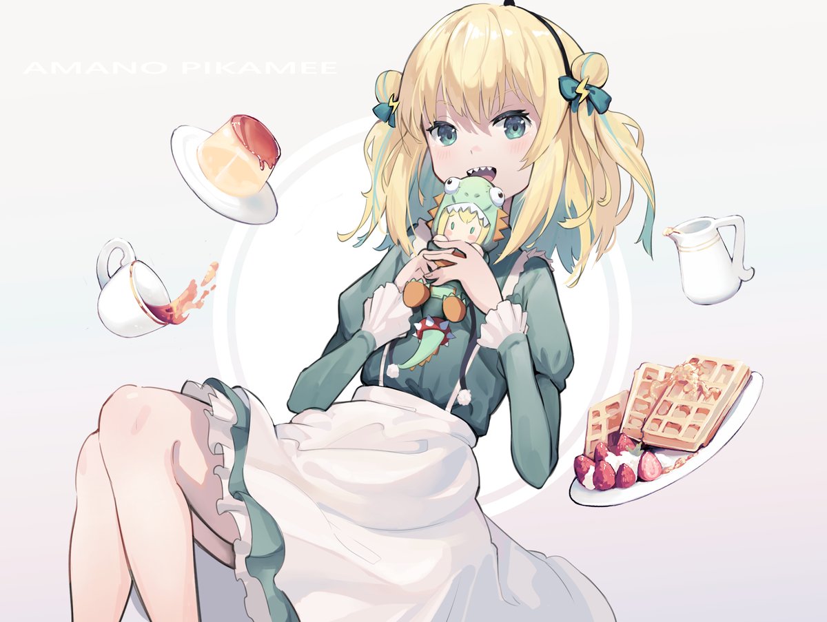 1girl food sharp teeth blonde hair teacup solo cup  illustration images