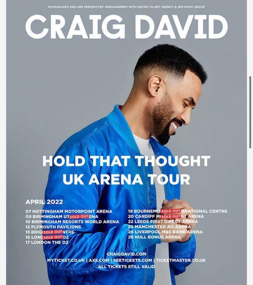 For Sale - 2 tickets for Craig David at Leeds First Direct Arena this Friday. Paid £90 / would accept £70. 

RTs appreciated.