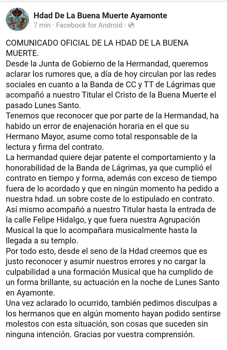Bct_Lagrimas's tweet photo. Hasta aquí lo ocurrido el pasado Lunes Santo con la Hermandad de la Buena Muerte en Ayamonte (Huelva). 

Agradecer a dicha hermandad por aclarar lo ocurrido. https://t.co/SPVNxbYkqO