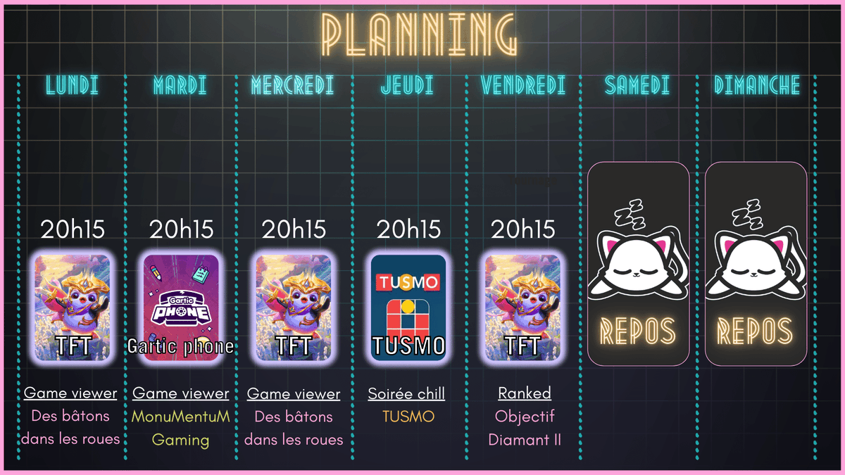 Coucou les amis 💜
Voilà mon planning #twitch pour la semaine prochaine !
Au programme : #TFT / #GarticPhone / #Tusmo

On se retrouve ici : twitch.tv/leenamars

Des bisous ! 

#twitchfr #streamergirl