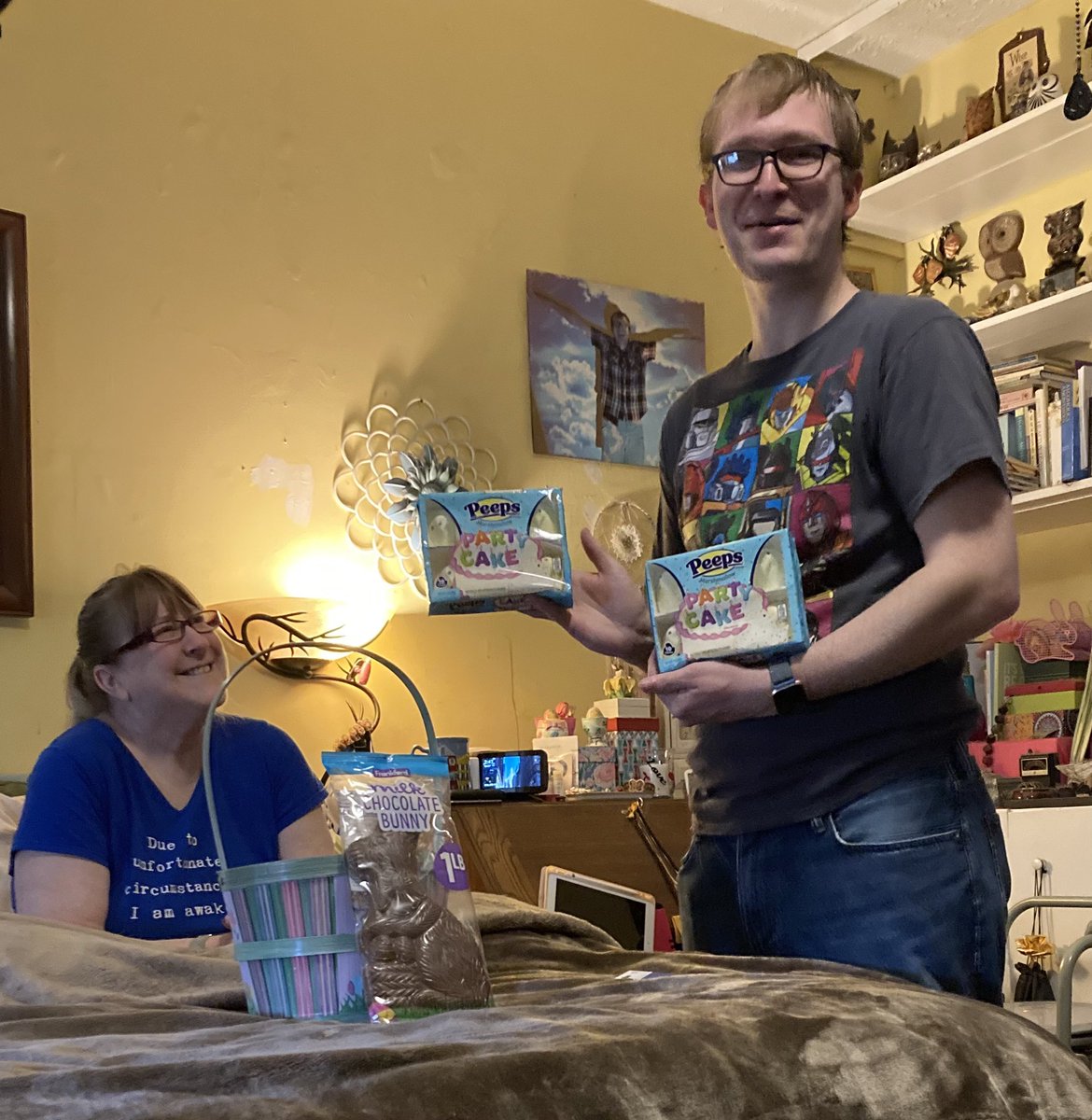deborah_saffer's tweet photo. Well, @josh_saffer found his #EasterBasket I think he’s One #Happy young man 😊 #chocolatebunny #peeps (birthday cake) #paydays #MoreCandy &amp; a well deserved #PlayStation #Network card. I Love You Sweetie ❤️🐣❤️ https://t.co/OJDPgpCOId