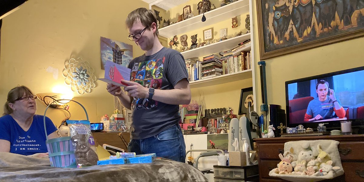 deborah_saffer's tweet photo. Well, @josh_saffer found his #EasterBasket I think he’s One #Happy young man 😊 #chocolatebunny #peeps (birthday cake) #paydays #MoreCandy &amp; a well deserved #PlayStation #Network card. I Love You Sweetie ❤️🐣❤️ https://t.co/OJDPgpCOId