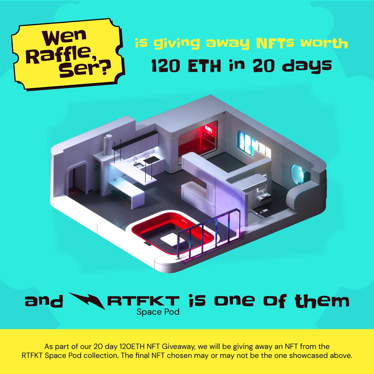 WenRaffleSerNFT's tweet photo. 📢120 ETH GIVEAWAY IN 20 DAYS📢

Our giveaway- Space pod by @RTFKTstudios 
 
Win 5 #WL spots for @WenRaffleSerNFT

Winners in 24 hrs🎉

To enter
1⃣Follow @WenRaffleSerNFT
2⃣♥️ + RT
3⃣Tag 3 Friends

#NFTs #NFTCommunity #WLGiveaways  #NFTGiveaway https://t.co/UEzzZaNCDF