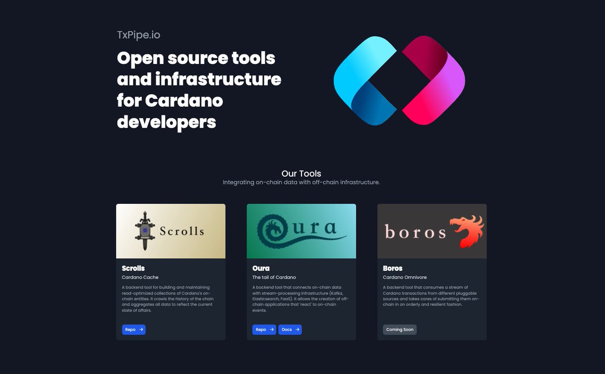 I'm proud to formally introduce <a href="/txpipe_tools/">TxPipe</a>, a small team committed to contribute to the #CardanoCommunity by building open source tools and infrastructure for developers.

The new home for <a href="/Oura_project/">Oura</a>, Scrolls, Pallas and many more to come🤞

txpipe.io
