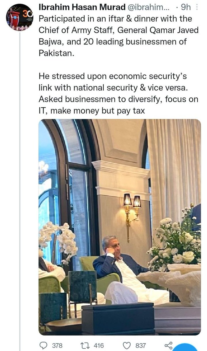 LageRahoKashmir's tweet photo. #HowPakArmyControlsPakistan 💥by tweet on #GenBajwa meeting 20 businessmen and speaking to them on economic security & asking them to make money, but pay taxes🤯
#JagoKashmir. Jago to #RealPakistan in which ISI-ISPR rule #Pakistan @islahmufti @bashirdar01 @SaraHayatShah @pzaqib https://t.co/C0BkuD4JOn