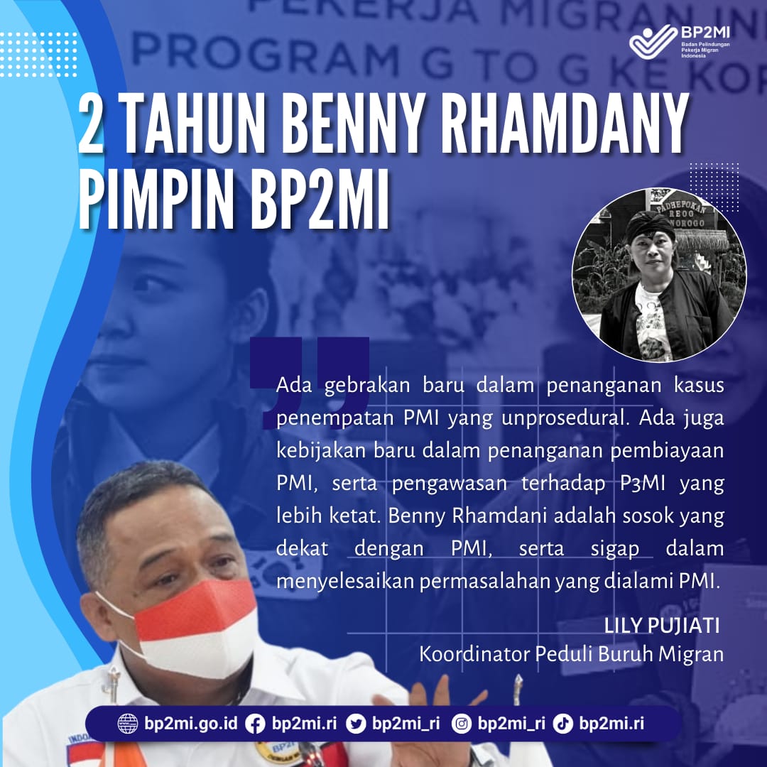 Vitahrz's tweet photo. 2 tahun  @benny_rhamdani_  pimpin BP2MI dengan sikap yang sigap dalam menyelesaikan masalah yang dialami PMI
Dua Tahun Sukses Pimpin BP2MI
#BennyRhamdaniSangPendobrak https://t.co/PZvmPM1xJI