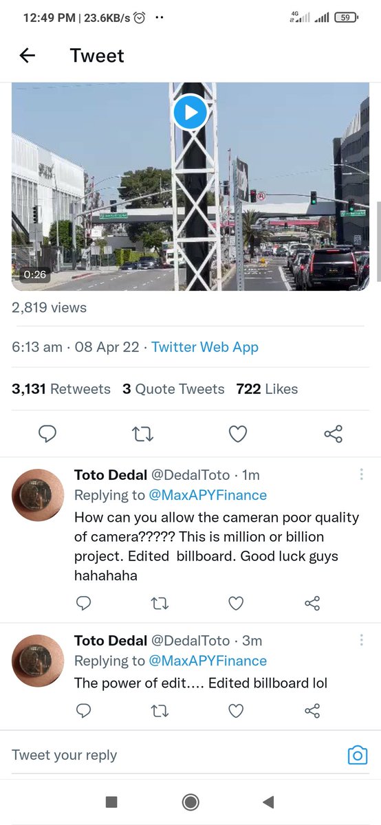 DedalToto's tweet photo. @rohaslob2 @MaxAPYFinance @coinscopecrypto Its totally scam i told you the billboard is edited.. even they update same video but the screen in billboard is much clear https://t.co/slpeT1wPL6