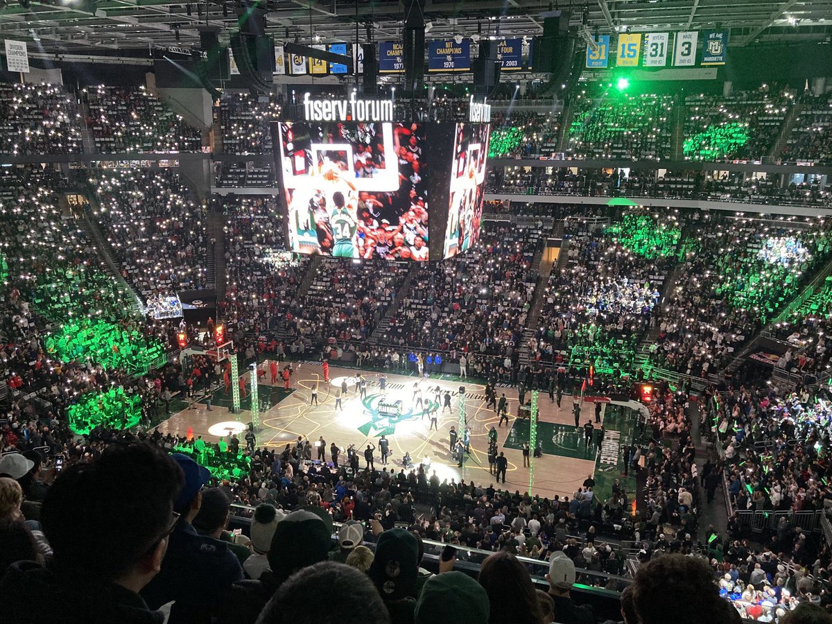 RevShevWLC's tweet photo. No sisters in the house, so it seemed like a good day to give ⁦@Shevey_8⁩ his first look at the Fiserv (inside, anyway)! The shooting percentages were low but the intensity was high as the Bucks escaped with the win! #15togo #toomuchGiannis #Bucksin4 #dontmessaround https://t.co/PqSNuRQO1s