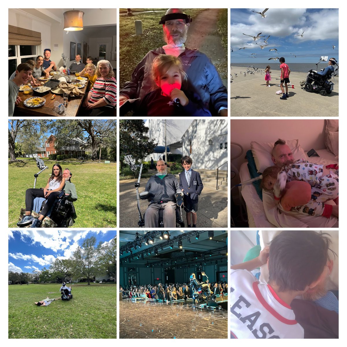 SteveGleason's tweet photo. 9000 words from our breath of fresh air from social media.  Including a visit from my family, St Josephs "father Sun" day which is my birthday, and the fucking epic gala raising 2.5M for our foundations @TeamGleason &amp;  Answer ALS. I've never hugged my kids, but Gray hugs me! https://t.co/QzjGAyTtoe