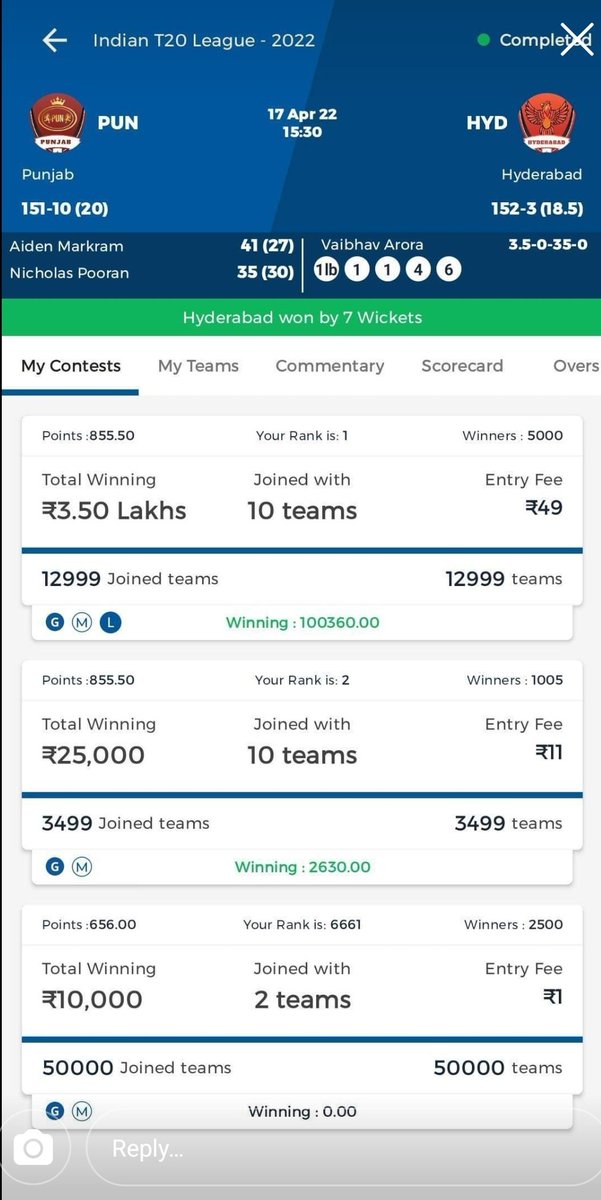 SportsStatsFree's tweet photo. Grand League Won by Fantasy Prediction For Free YouTube Channel and Telegram Channel Member. Regular Full Video Dekhne or MyFab11, Batball11 or Vision11 per Grand League khelne ka Fayda. 🤑❤️
#WonGrandLeague #WonMiniGL #WonGL #IPL2022 #SRHvsPBKS #FantasyPredictionForFree #FP4F https://t.co/BIKZRXliyy