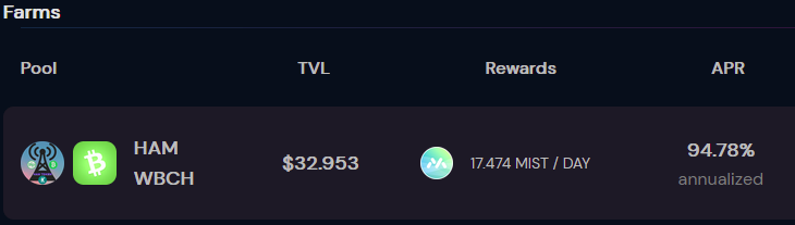 👉 Service Message 👈

We got an awesome MIST Farm allocation assigned!  

Not less than 17474 MIST tokens/day are allocated for $HAM.

Add your sep-20 (sBCH) based $HAM tokens to the HAM-BCH liquidity pool, enable Farming and start earning valuable MIST tokens!

❗️GET REWARDED❗️