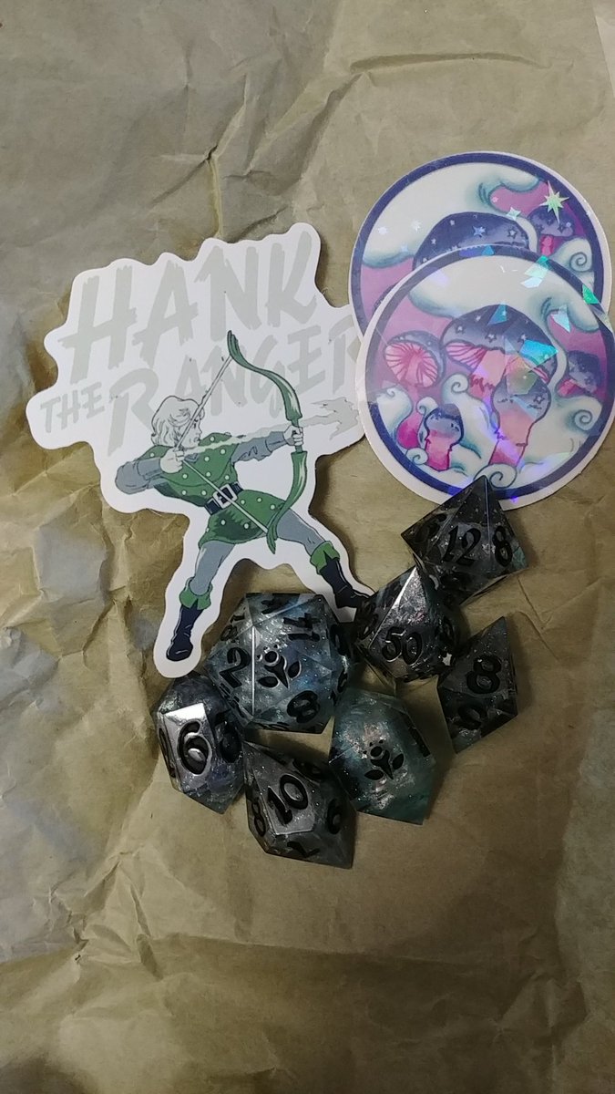 My amazing dice from the wonderfully talented <a href="/SpaethenArts/">Spaethenarts - Lisa</a> came in and just in time for a virtual con where we'll get to use physical dice for at least some of the games. #dicegoblin #ttrpg