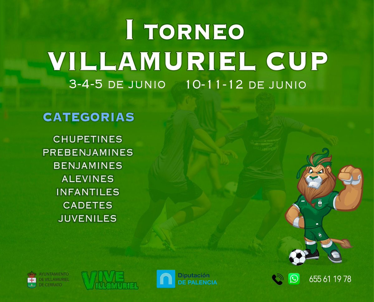 🏆I Torneo Villamuriel Cup🏆

Ultimas plazas disponibles:

- Categoría Alevín: 2 plazas
- Categoría Benjamín: 1 plaza
- Categoría Chupetines: 2 plazas

No pierdas la oportunidad de participar en nuestro torneo!!

Reserva tu plaza en el 655 611 978