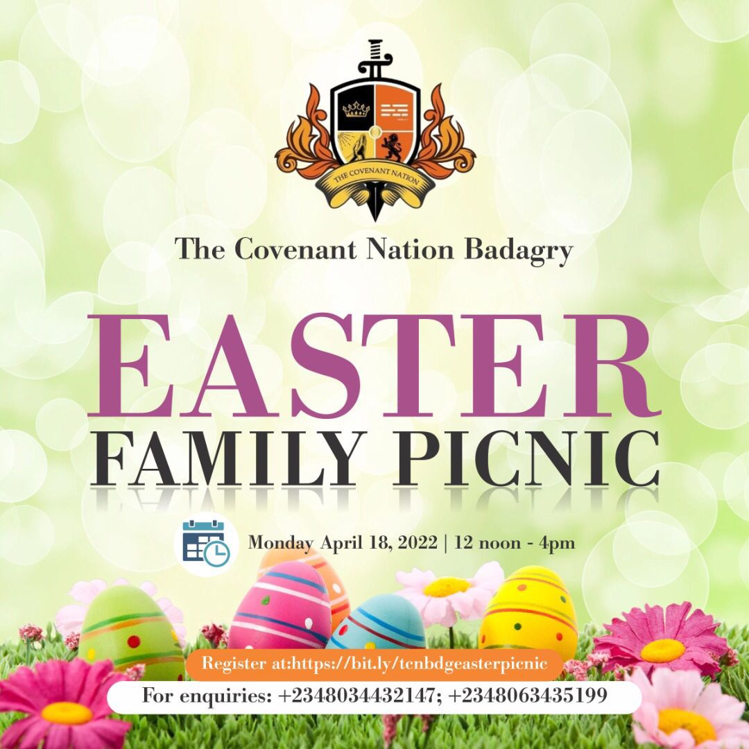Join us tomorrow for our Easter Family Fun day.

Register to attend via: bit.ly/tcnbdgeasterpi…
Date; 18th April,2022.
Time: 12noon

Do not come alone, come with family and friends
#eastermonday 
#funday
#familypicnic
#tcnbadagry 
#churchinbadagry