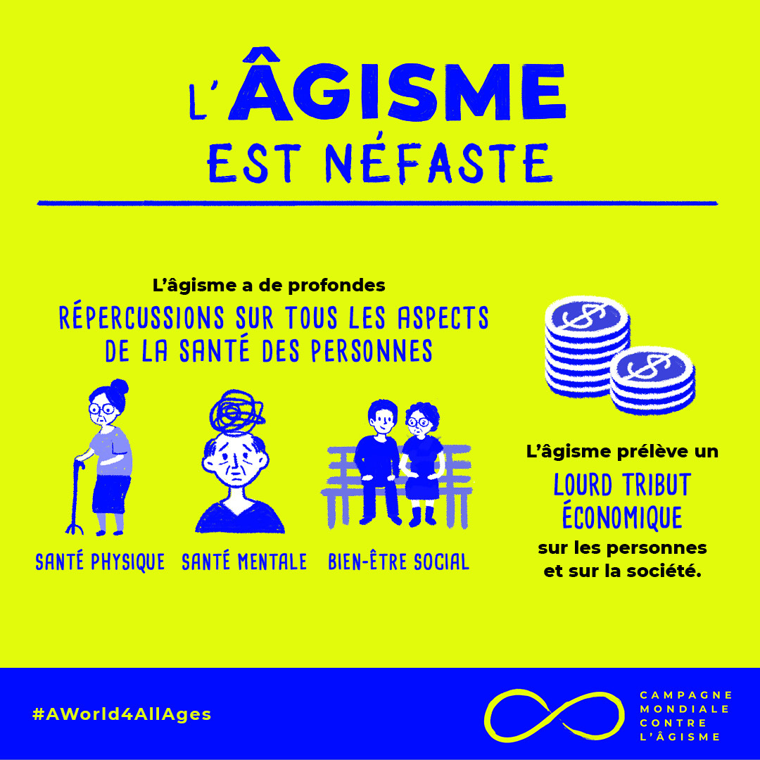 L'âgisme a de profondes répercussions sur la santé physique &amp; mentale des personnes âgées et sur leur qualité de vie. 

Rejoignez <a href="/WHO/">World Health Organization (WHO)</a> pour combattre les stéréotypes, les préjugés et la discrimination fondés sur l’âge ! bit.ly/3c031N3