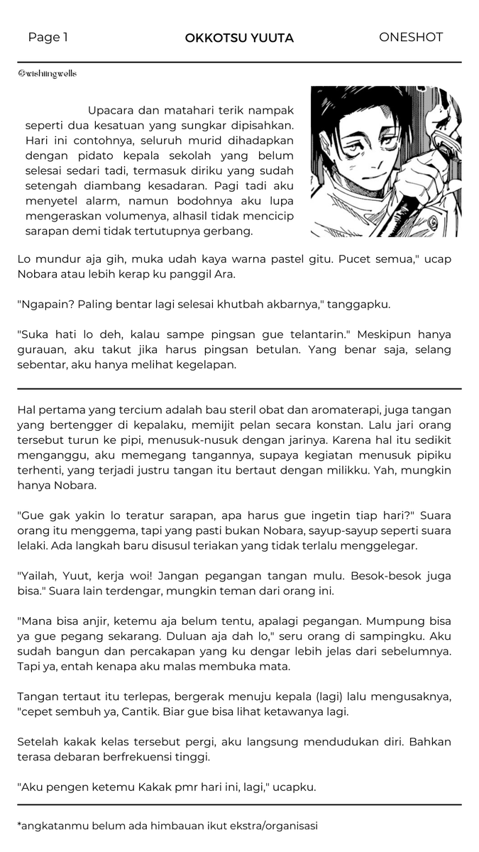 kampusfess_'s tweet photo. jjk! jjkhalu! Warning spoiler | warning pair Yuuta Okkotsu x female reader. CW // harsword.

—
"Mana bisa anjir, ketemu aja belum tentu apalagi pegangan."

Yuuta sebagai kakak kelas sekaligus anggota pmr yang nolong kamu. 

*lemme bringing this back https://t.co/VxKD63EoA2