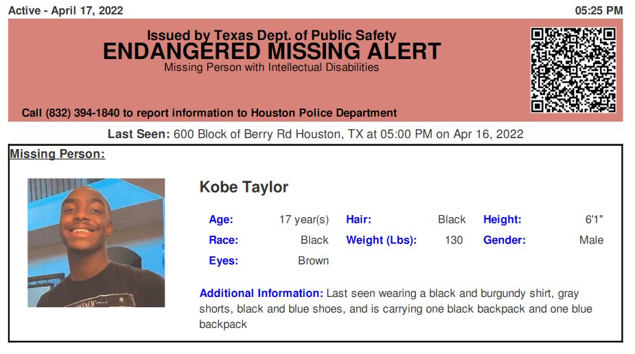 TX_Alerts's tweet photo. ACTIVE ENDANGERED MISSING ALERT for Kobe Taylor from Houston, TX, on 04/17/2022 https://t.co/zBGdYFW2l3