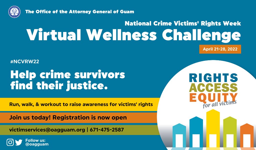 OAGGuam's tweet photo. Registration for the National Crime Victims' Rights Week Virtual Fitness Challenge #NCVRWGU22 is now open! Use the QR Code below, or visit https://t.co/WzmmJ2tKnP  to join us as we workout to commemorate &amp; honor victims of all crimes &amp; the people who provide services to them. https://t.co/U8T9VN17ij