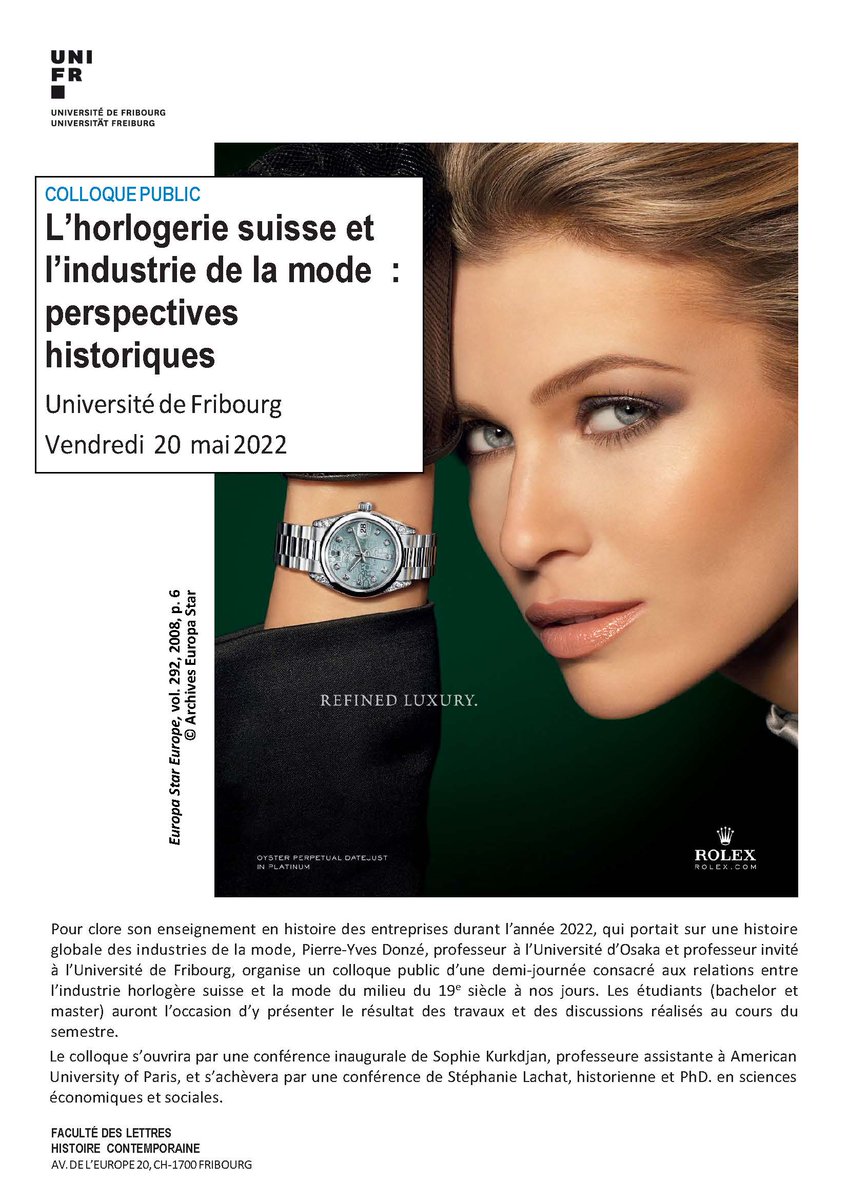 pydonze's tweet photo. J'ai le plaisir d'organiser le 20 mai 2022 un colloque sur l'histoire des relations entre horlogerie et mode, à l'Université de Fribourg, avec des étudiants du Département d'histoire et la participation de Sophie Kurkdjian et Stéphanie Lachat. Entrée libre. #horlogerie #fashion https://t.co/PtggyyzRgJ