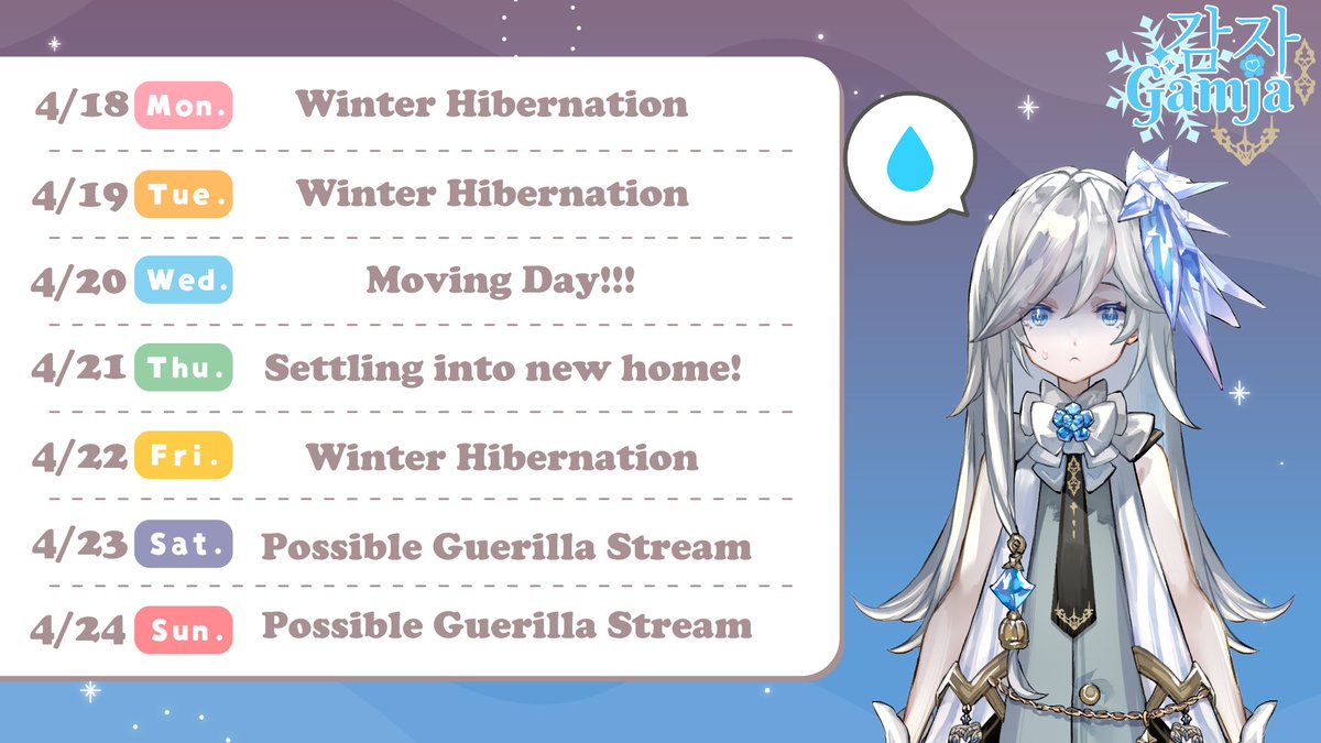 achefloww's tweet photo. ❄️SCHEDULE FOR APRIL 18 - APRIL 24❄️

i'm moving this week so i can't guarantee i'll stream this week at all... if i do it'll be a guerilla stream at a random day on the weekend. sorry snowbros 😭💔

Live: #GamjaLIVE
Art: #DrawGamja

#ENVtuber #Vtuber #VTuberUprising https://t.co/o5PrwXLNQK