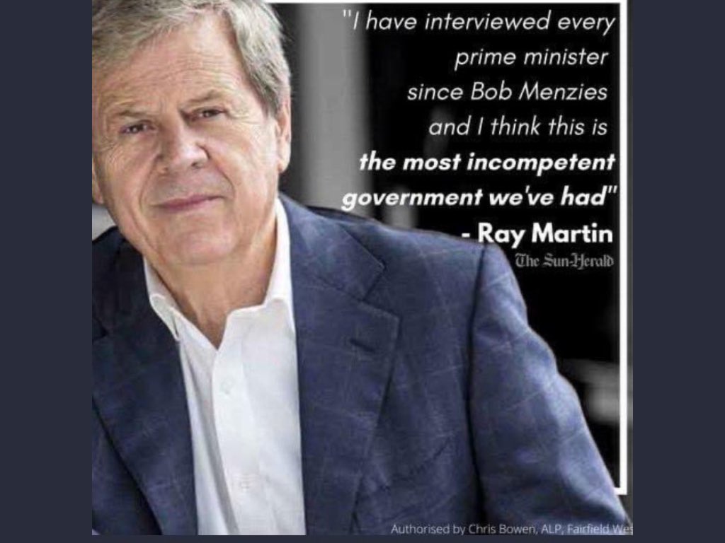 Igh0108's tweet photo. "the most incompetent government we've ever had' Ray Martin on #ScottMorison
#Election2022 #ausvotes #auspol @australian
@TheTodayShow @sunriseon7 @RNBreakfast
@BreakfastNews #9news @dailytelegraph
@couriermail https://t.co/Up1yNyYHOr