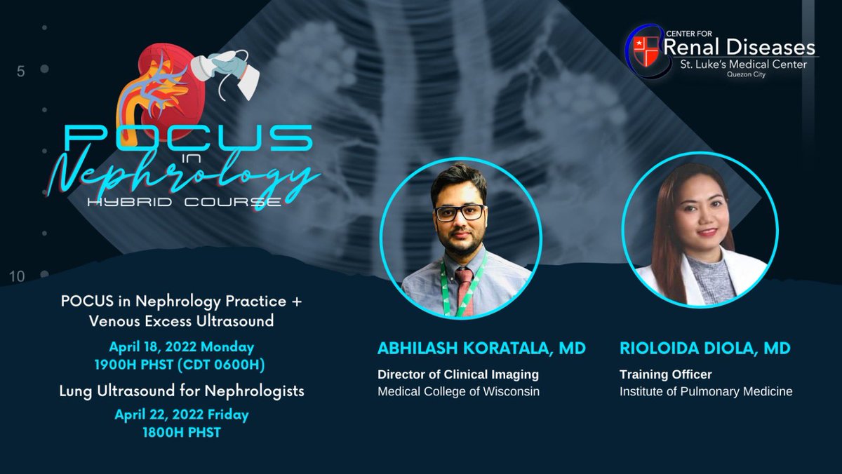 Please join our POCUS Lecture Series for this week! April 18 (Monday) - 7PM PHST POCUS in Nephrology Practice + Venous Excess USG by Dr Abhilash Koratala April 22 (Friday) - 6PM PHST Lung Ultrasound for Nephrologists by Dr. Rioloida Diola